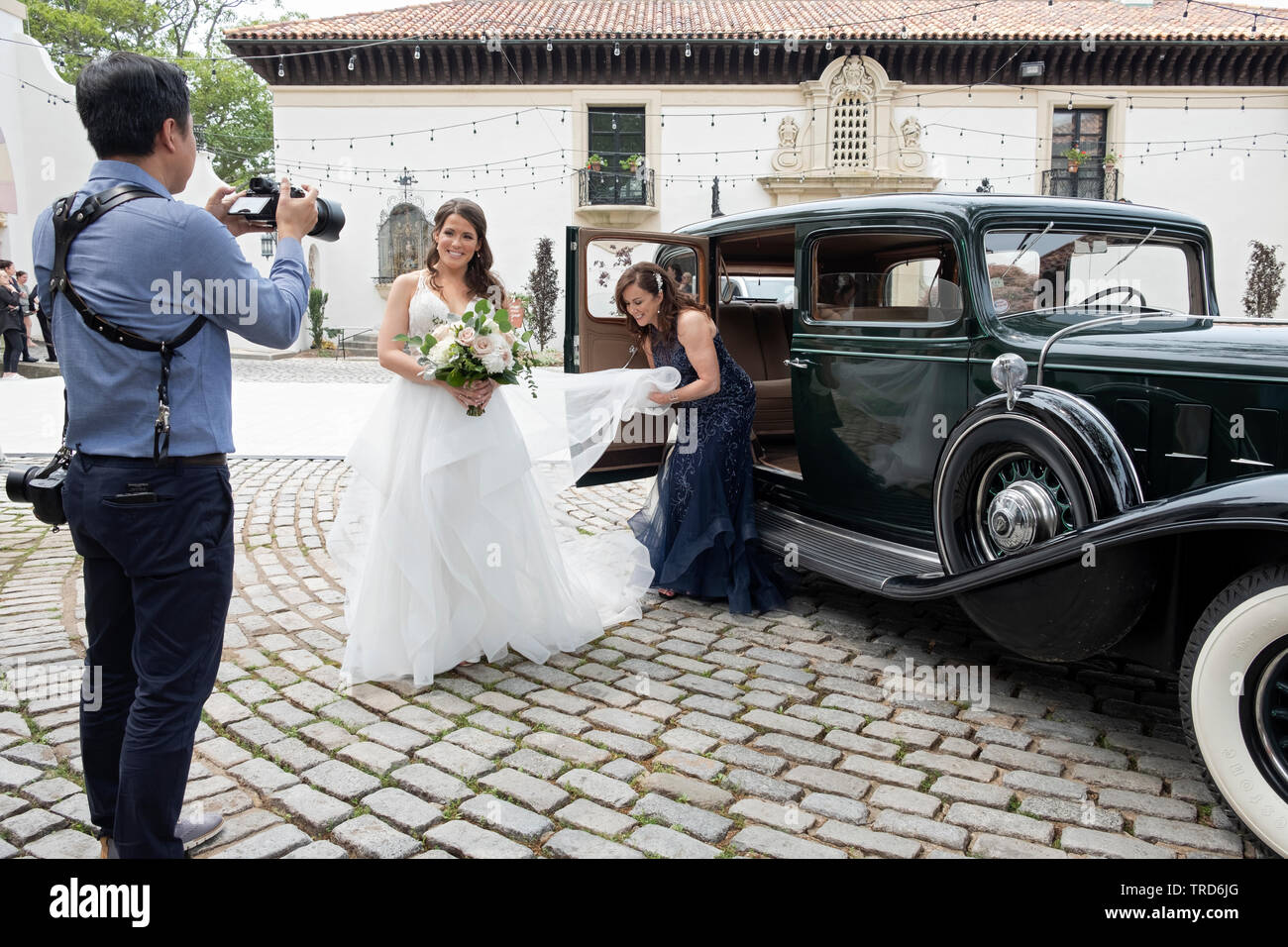 A bride emerges from a vintage 1932 Cadillac & her mother adjusts her wedding dress. At the Vanderbilt Mansion in Centerport, Long Island, New York. Stock Photo