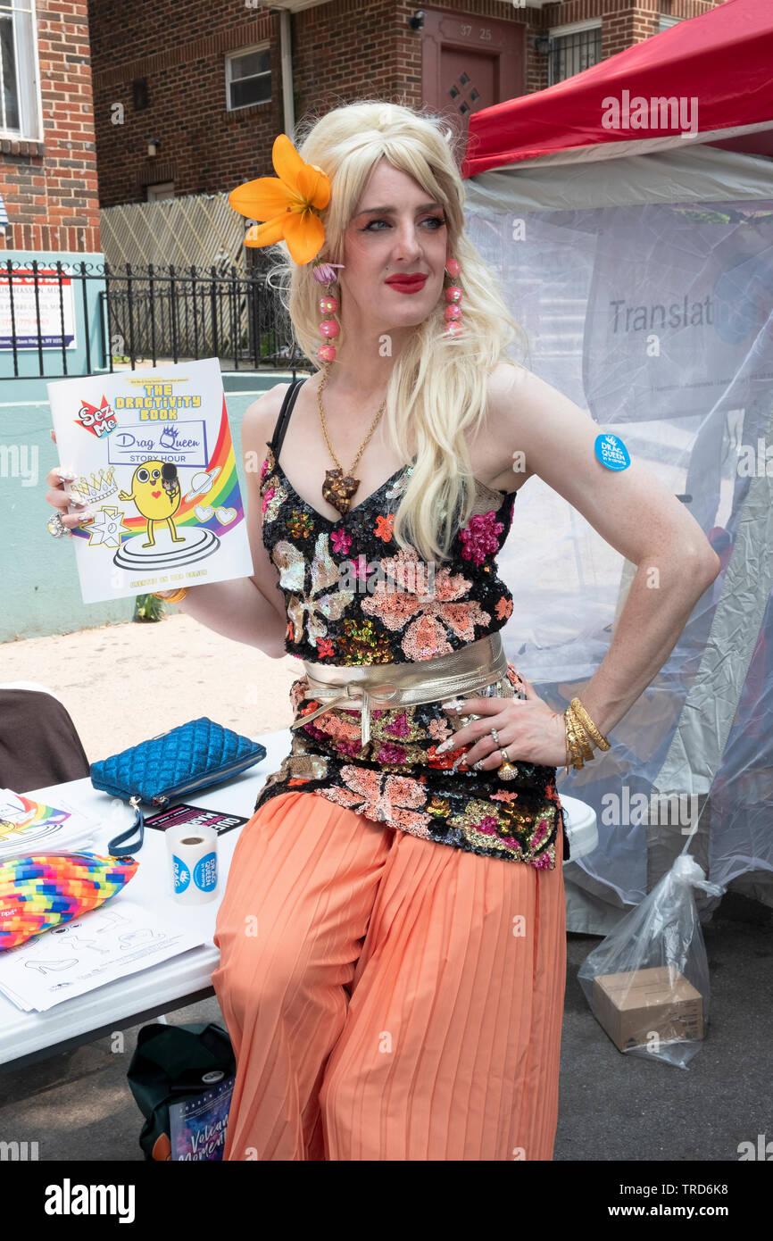 Portrait of a man in drag promoting the DRAG QUEEN READING HOUR at the 2019 Queens Pride Parade in Jackson Heights, NYC. Stock Photo