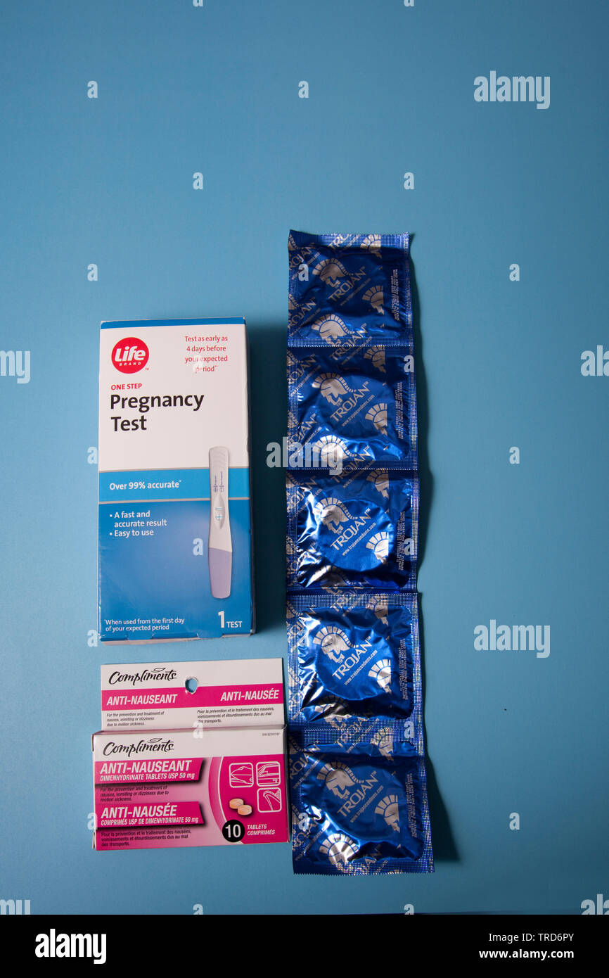 Halifax, Canada- June 1, 2019: Supplies for pregnancy prevention or morning sickness Stock Photo