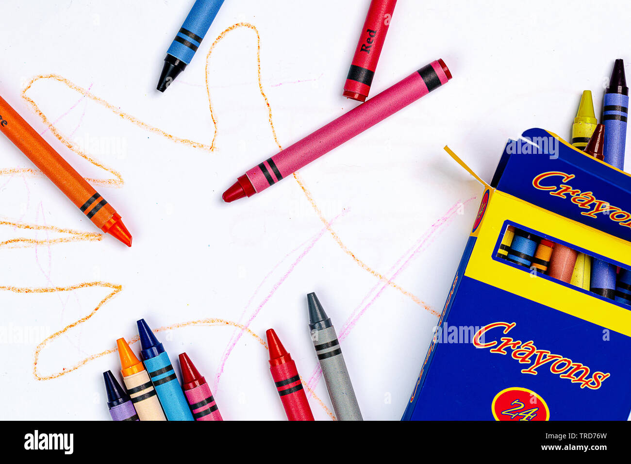 A Child's Crayon Drawing of a Hand with Generic Crayons and a generic Crayon Box Stock Photo Alamy
