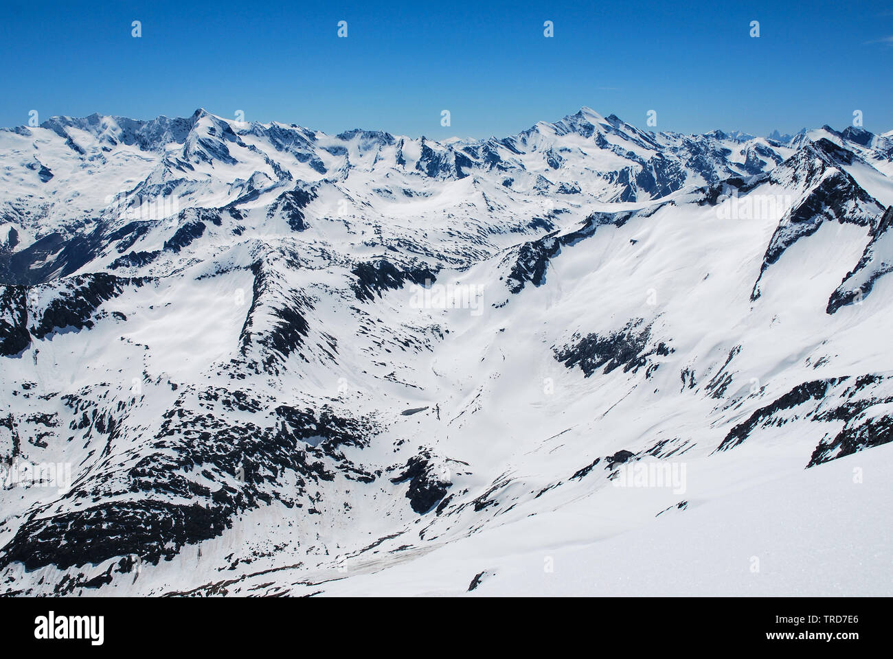 view from top of Mt. Gabler towards Dreiherrenspitze and Krimmler Kees glacier, and Hohe Tauern mountain range, Salzburger Land, Austria Stock Photo