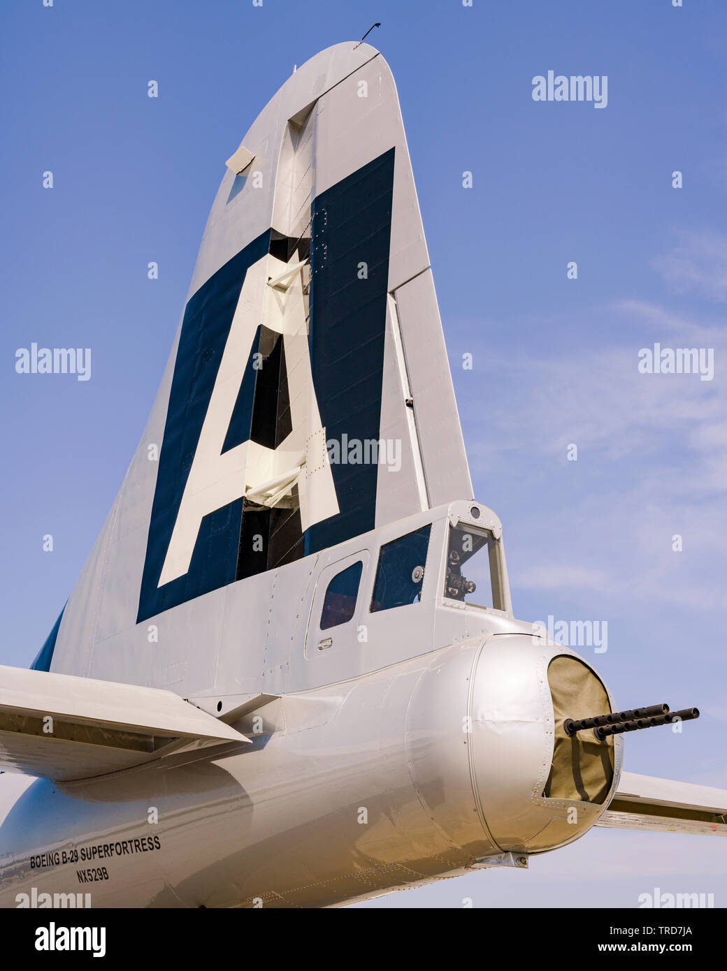 Tail section of an American WWII bomber, B-29 Superfortress on display in Montgomery Alabama, USA. Stock Photo