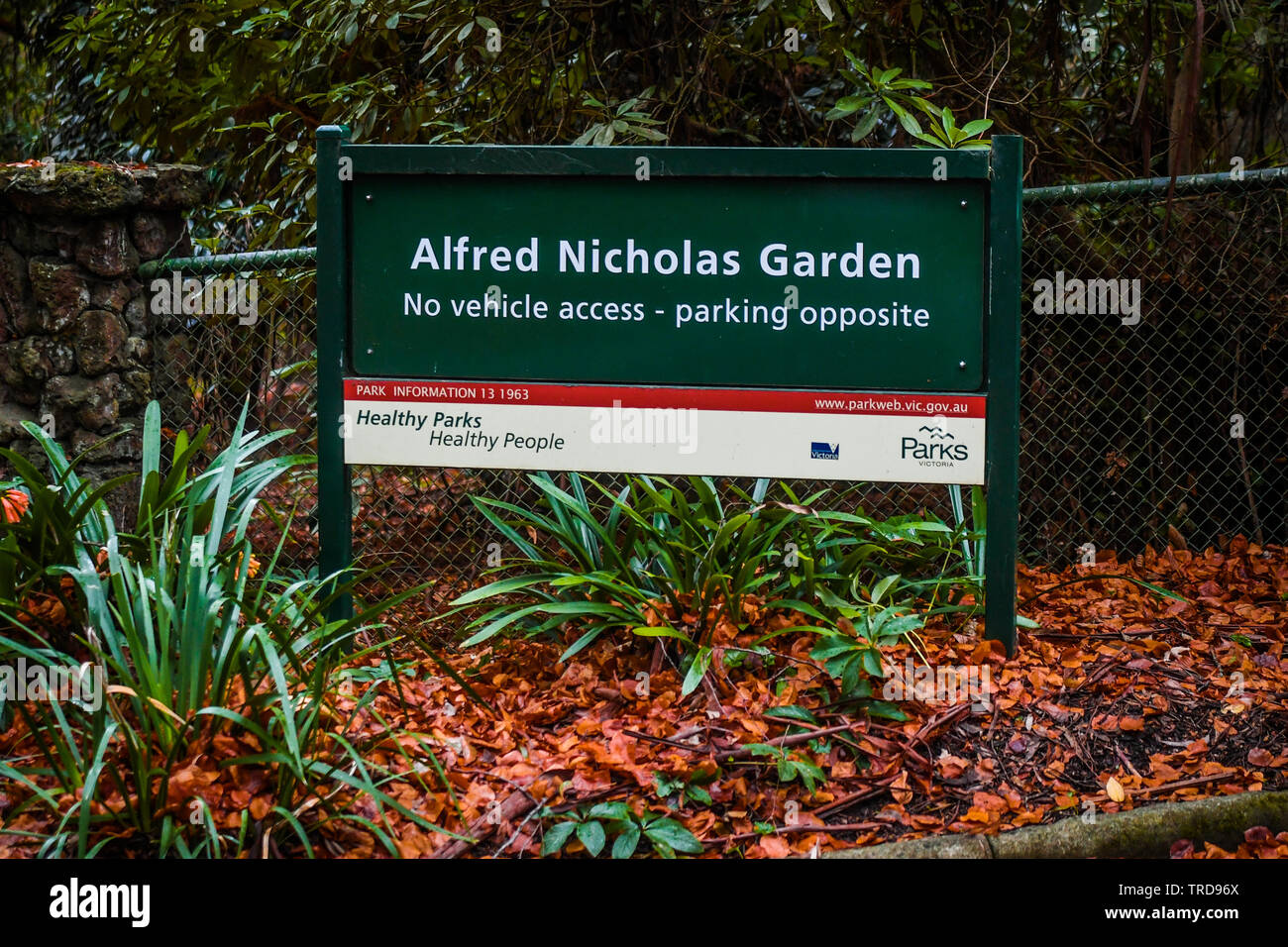 A sign for the Alfred Nicholas Memorial Gardens in Sherbrooke, Victoria, Australia Stock Photo