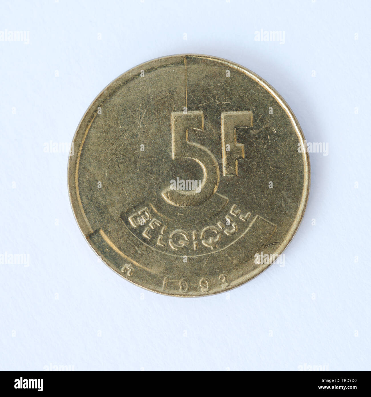 Belgium 5 Francs - Baudouin I Coin - 1992 Stock Photo