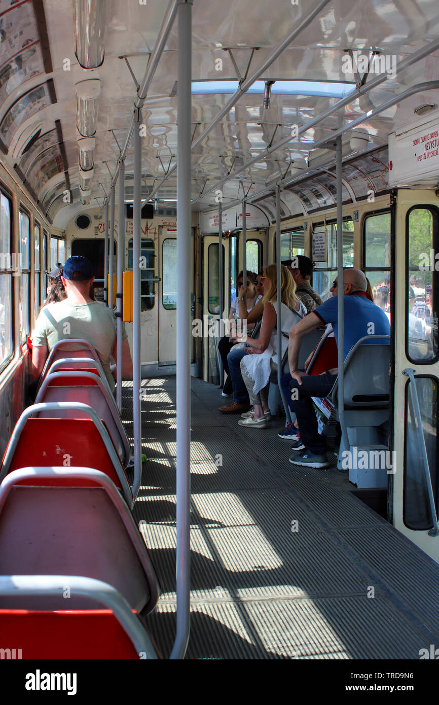Iconic Tatra T3 tram interior in Prague, Czech Republic Stock Photo