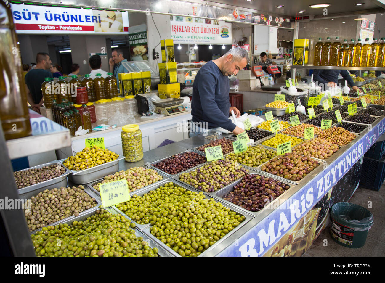 Pickled vegetables and Olives stall at the indoor market, Marmaris, Mugla province, Turkey Stock Photo
