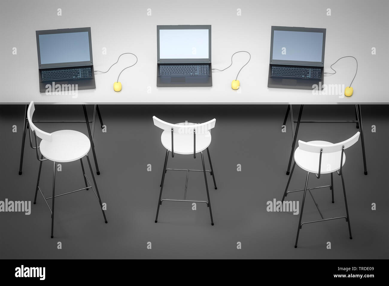 3D computer graphic, illustration of a working table with three Laptops ...