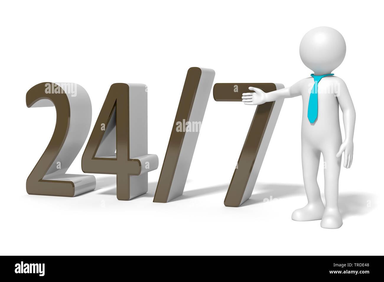 3D icon man in white color pointing towards an oversized lettering 24/7; against white background Stock Photo