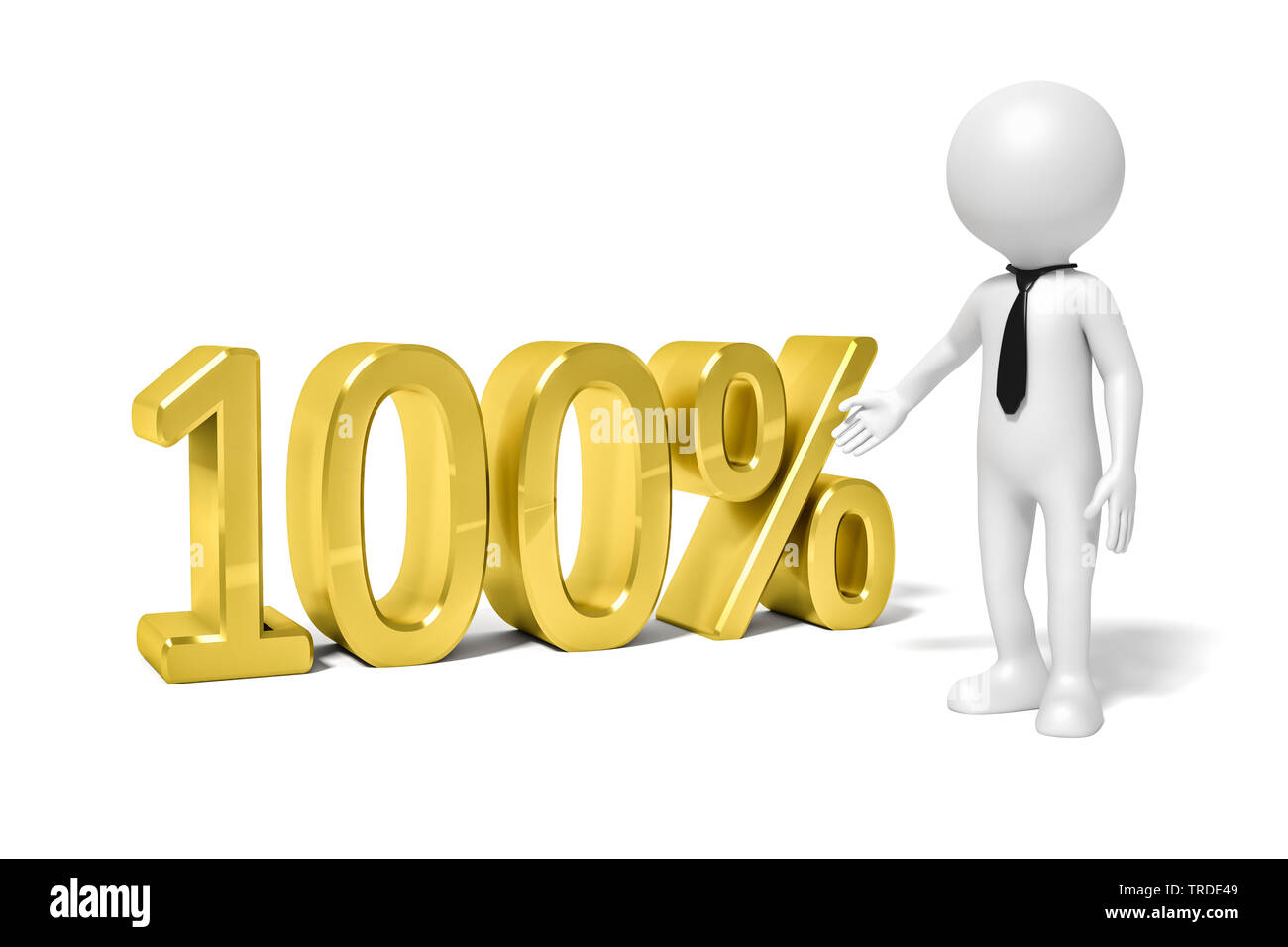 3D icon man in white color pointing towards an oversized lettering 100%; against white background Stock Photo