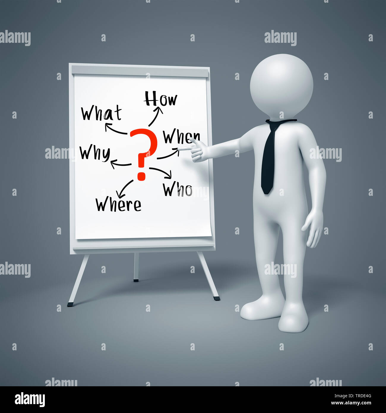 3D icon man in white color pointing towards a whiteboard showing a ...