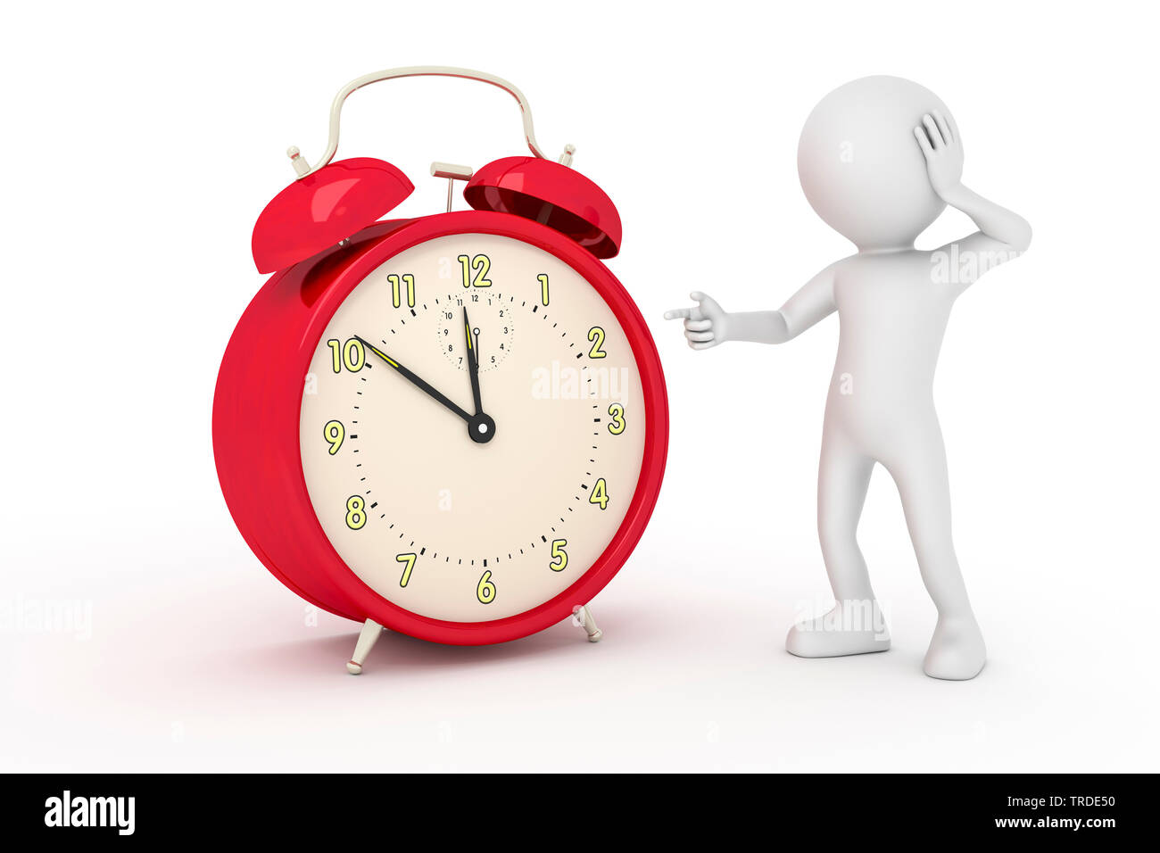 3D icon man in white color pointing towards an oversized alarm clock
