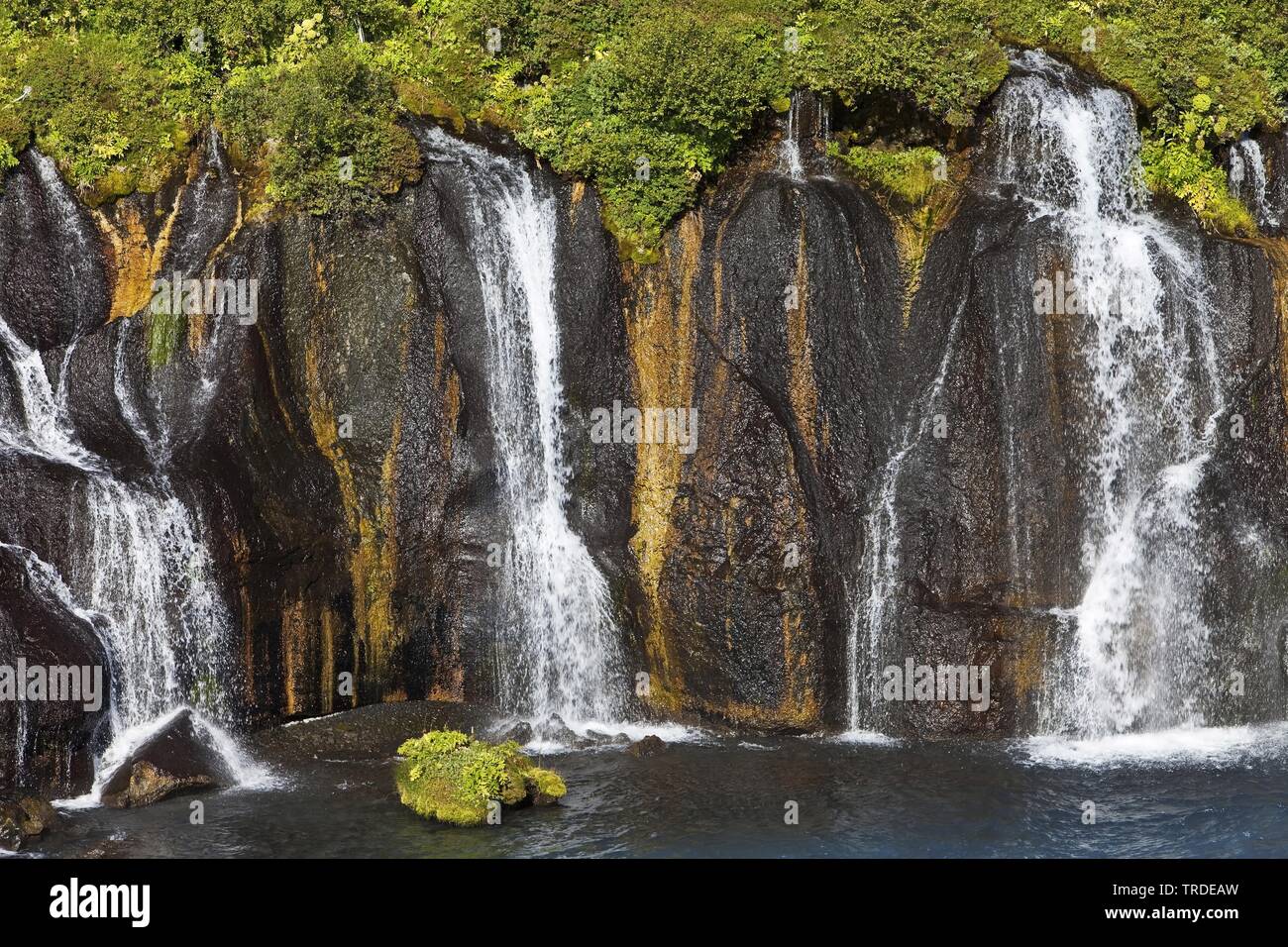 Hraunfossar waterfalls pour into Hvita river, Iceland, West Iceland Stock Photo