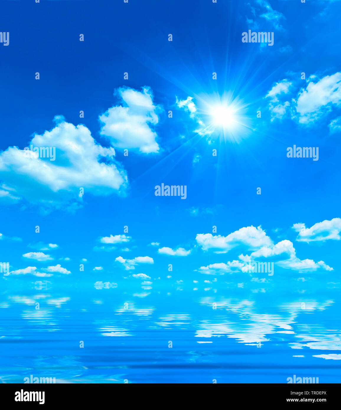 blue sky, clouds and sun reflecting on water surface Stock Photo