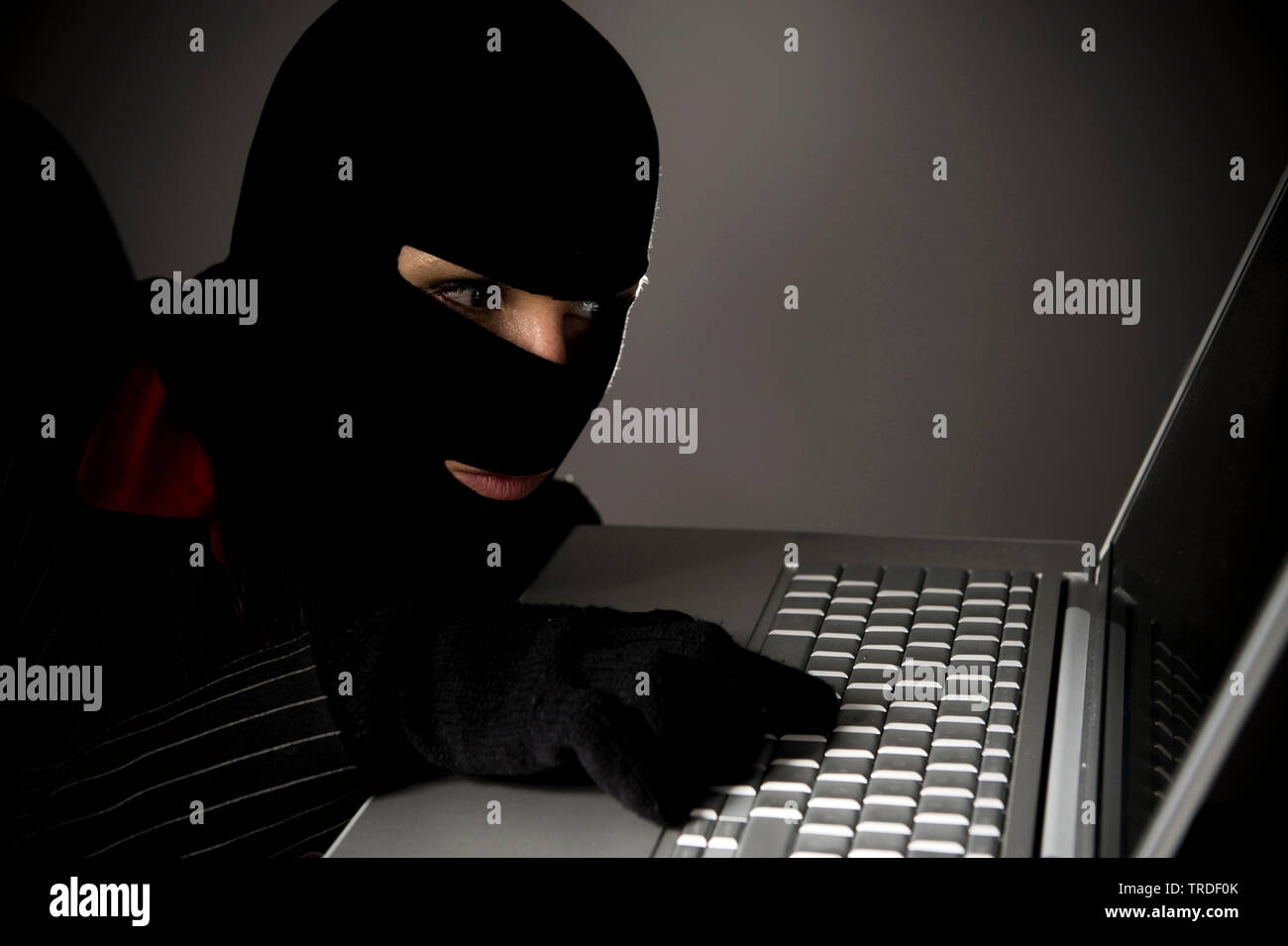 Portrait of an Business woman wearing a ski mask and working with a laptop / Cybercrime Stock Photo