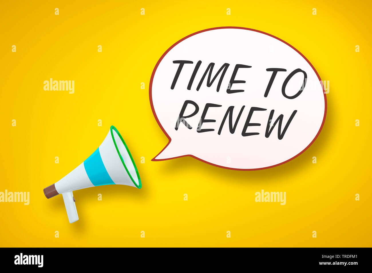 3D computer graphic, megaphone with speech bubble TIME TO RENEW against yellow background Stock Photo