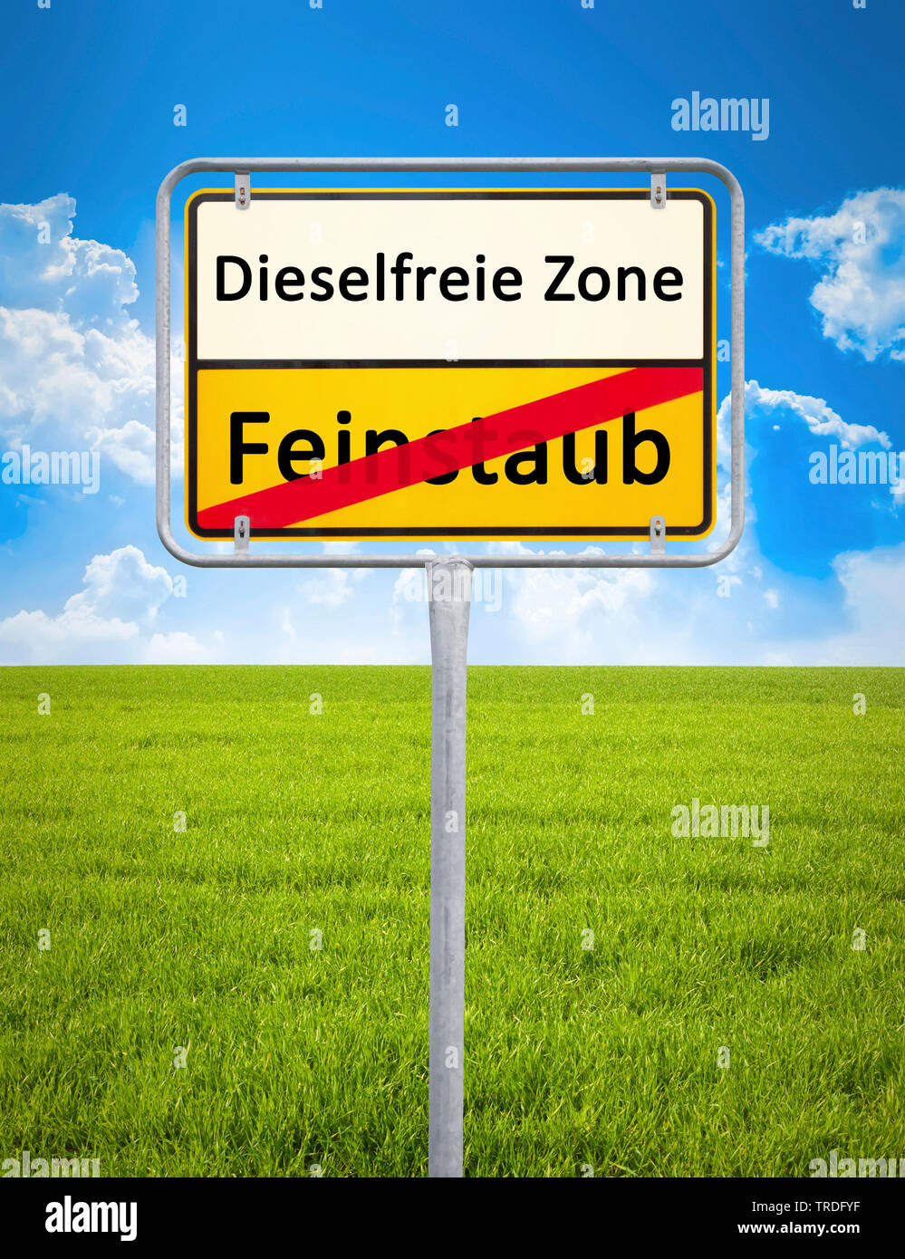 3D computer graphic, city limits sign lettering FEINSTAUB / DIESELFREIE ZONE (fine dust / diesel not permitted) Stock Photo