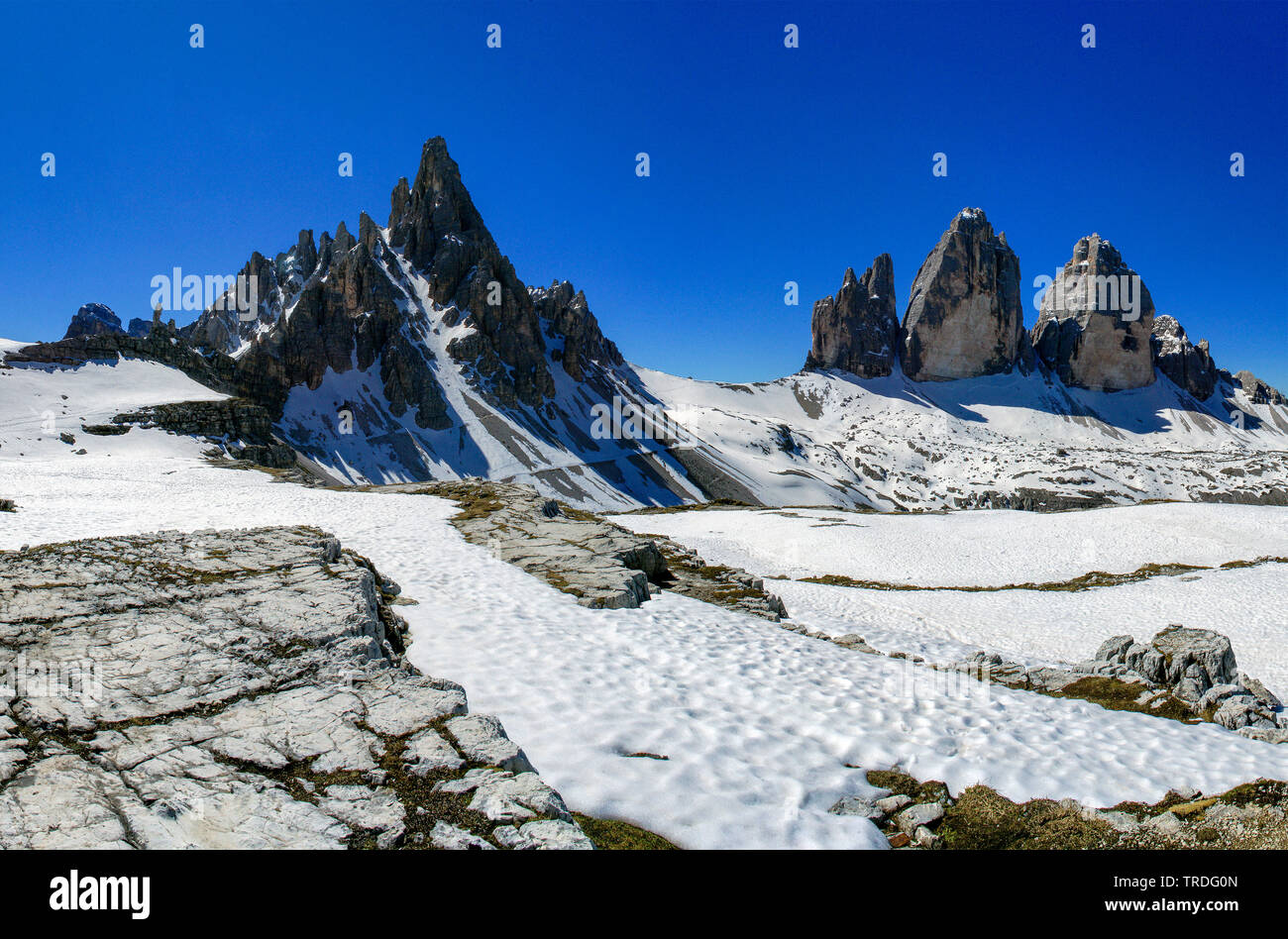Paternkofel and Tre Cime di Lavaredo, Italy, South Tyrol, Dolomites Stock Photo