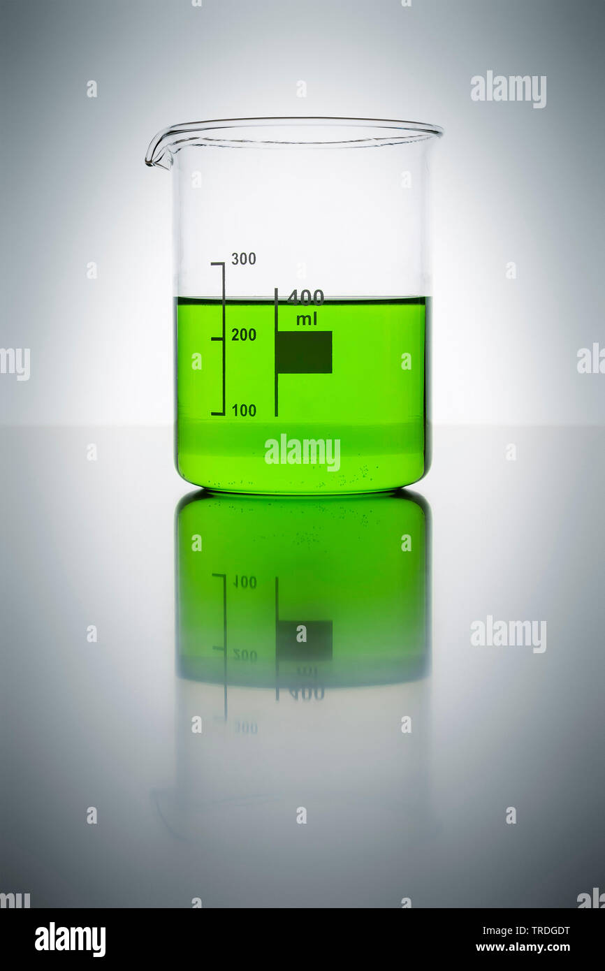 Beaker glass filled with green liquid against grey background Stock