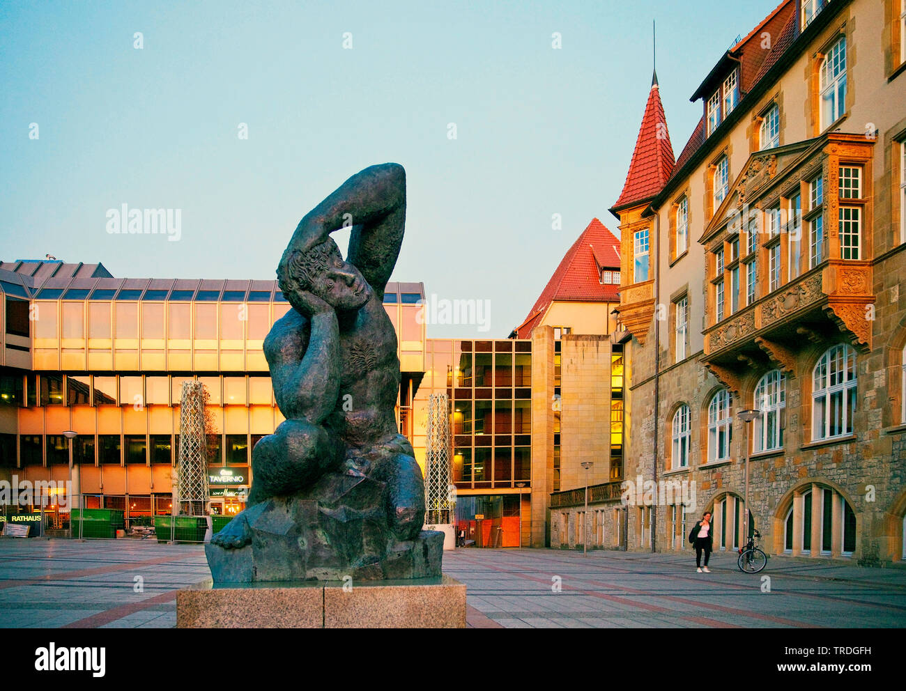 new and old town hall with sculpture Passione per l'arte, Germany, North Rhine-Westphalia, East Westphalia, Bielefeld Stock Photo