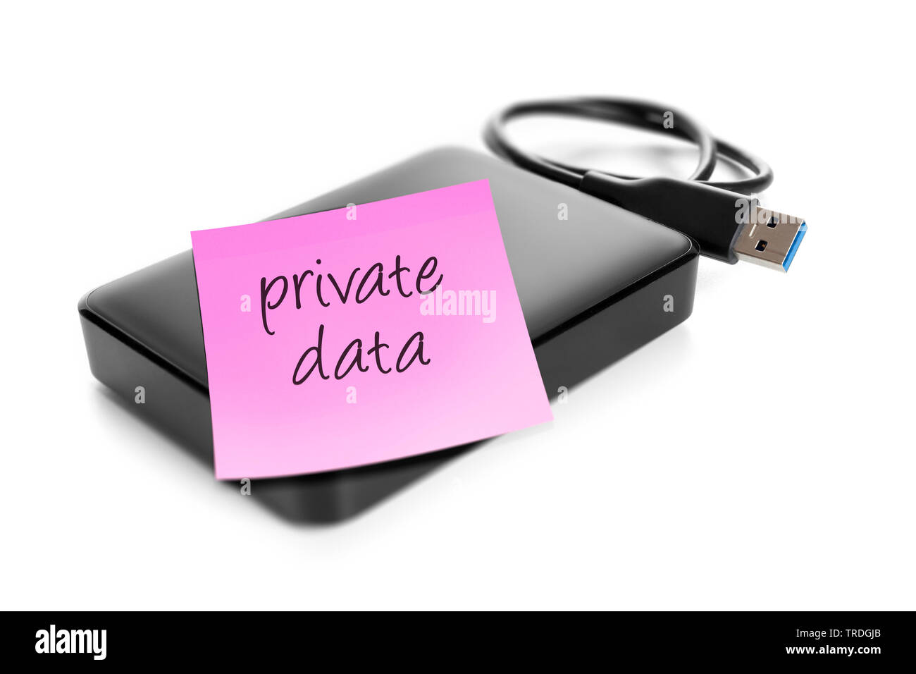 3D computer graphic, external USB harddrive with pink post-it without ...