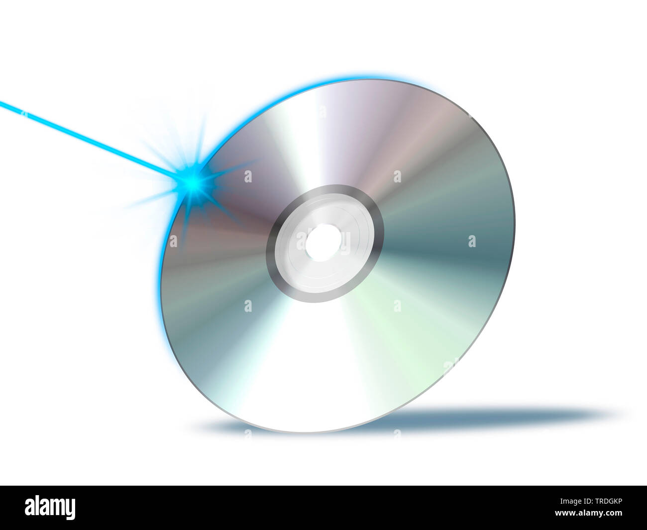 3D computer graphic, CD ROM hit by a blue laser beam against white background Stock Photo