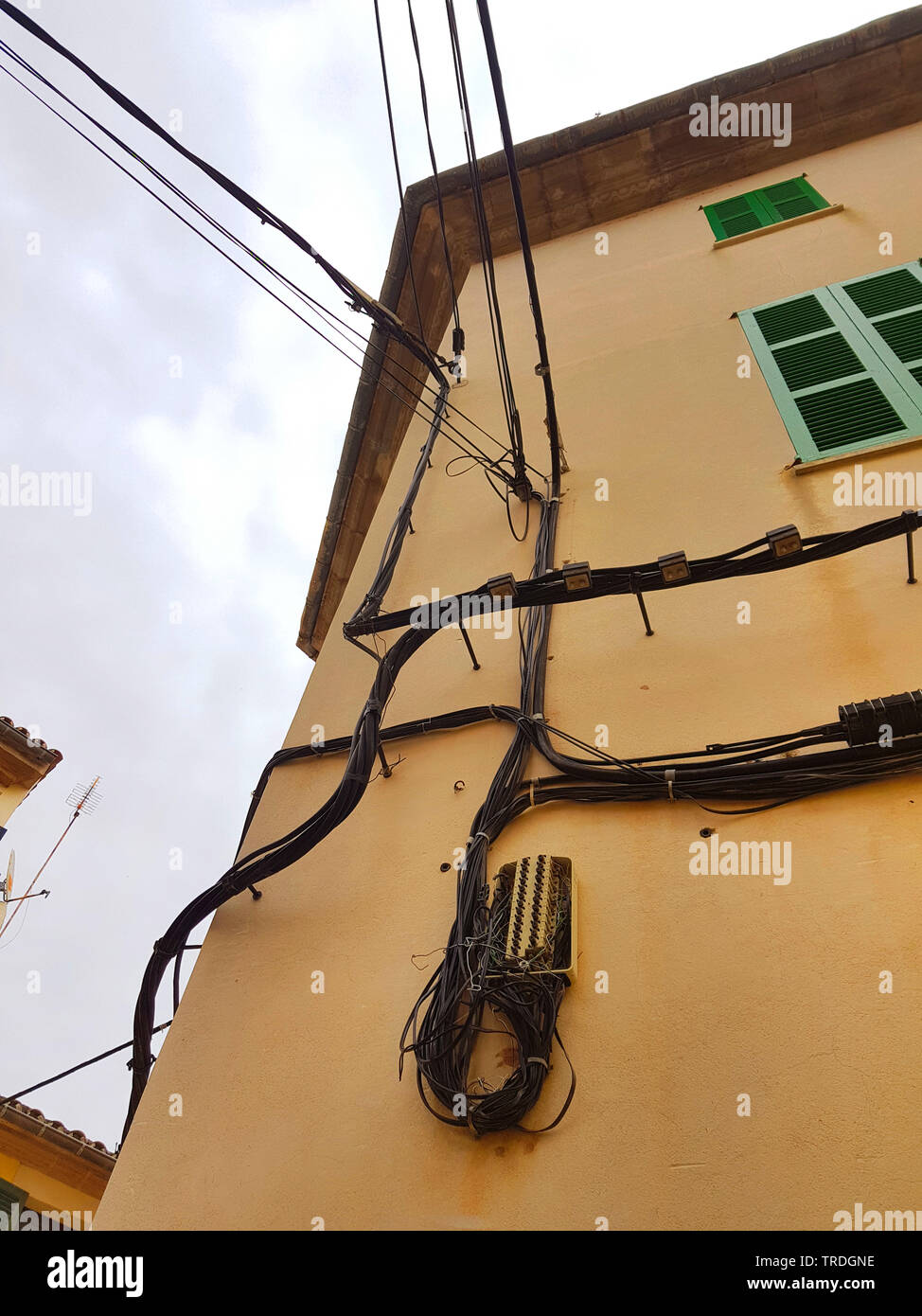 electricity cables at a hous, Spain, Balearic Islands, Majorca Stock Photo