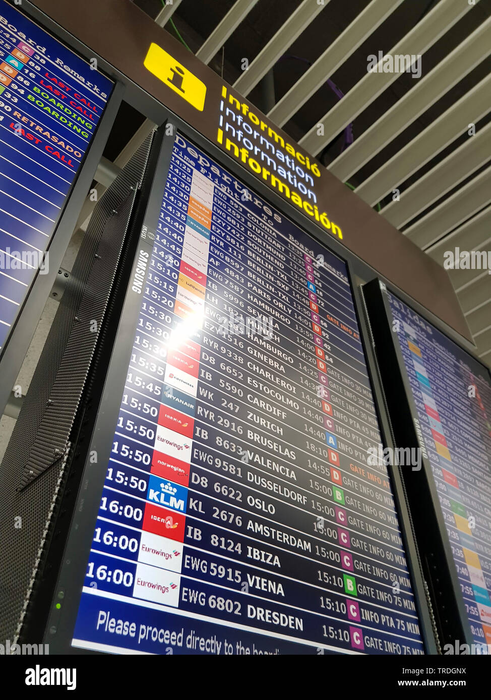 schedule on Majorca Airport, departure, Spain, Balearic Islands, Majorca Stock Photo