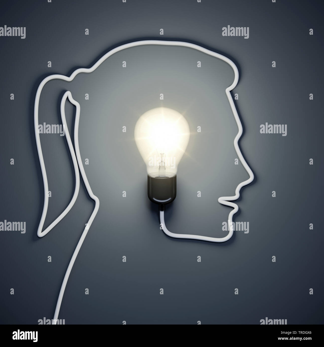 3D computer graphic, Face of a woman shaped out of the power cable of a light bulb Stock Photo