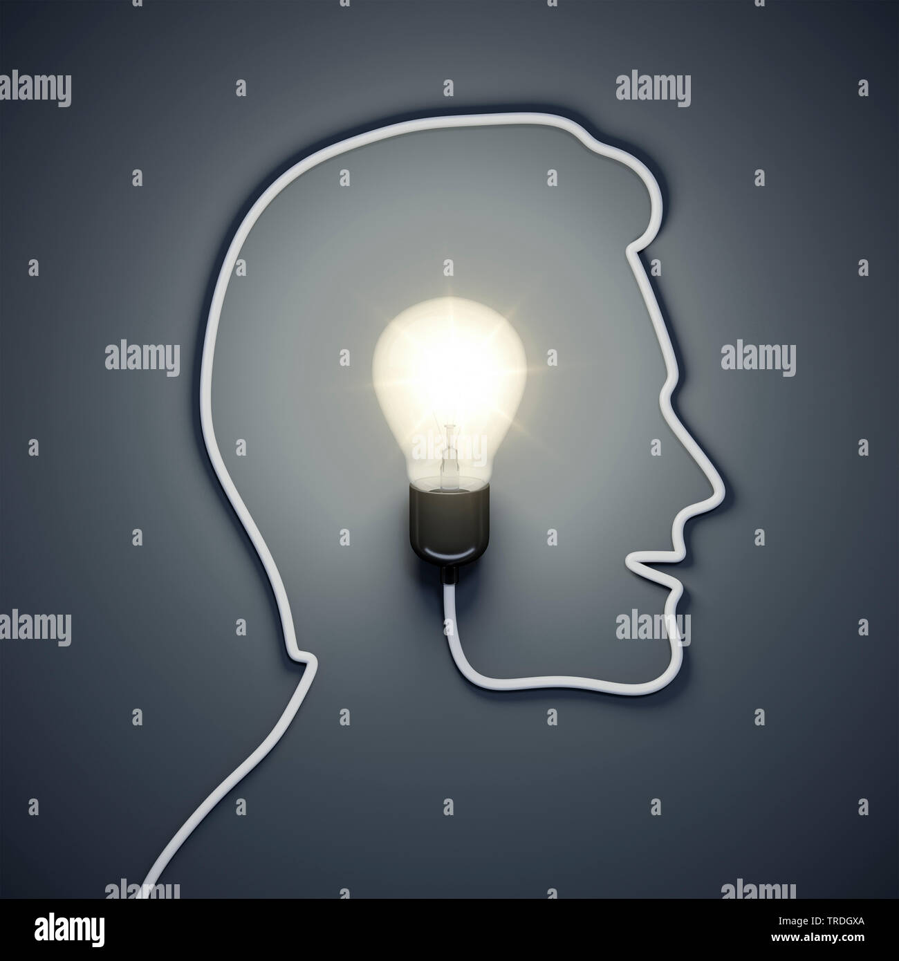 3D computer graphic, Face of a man shaped out of the power cable of a light bulb Stock Photo