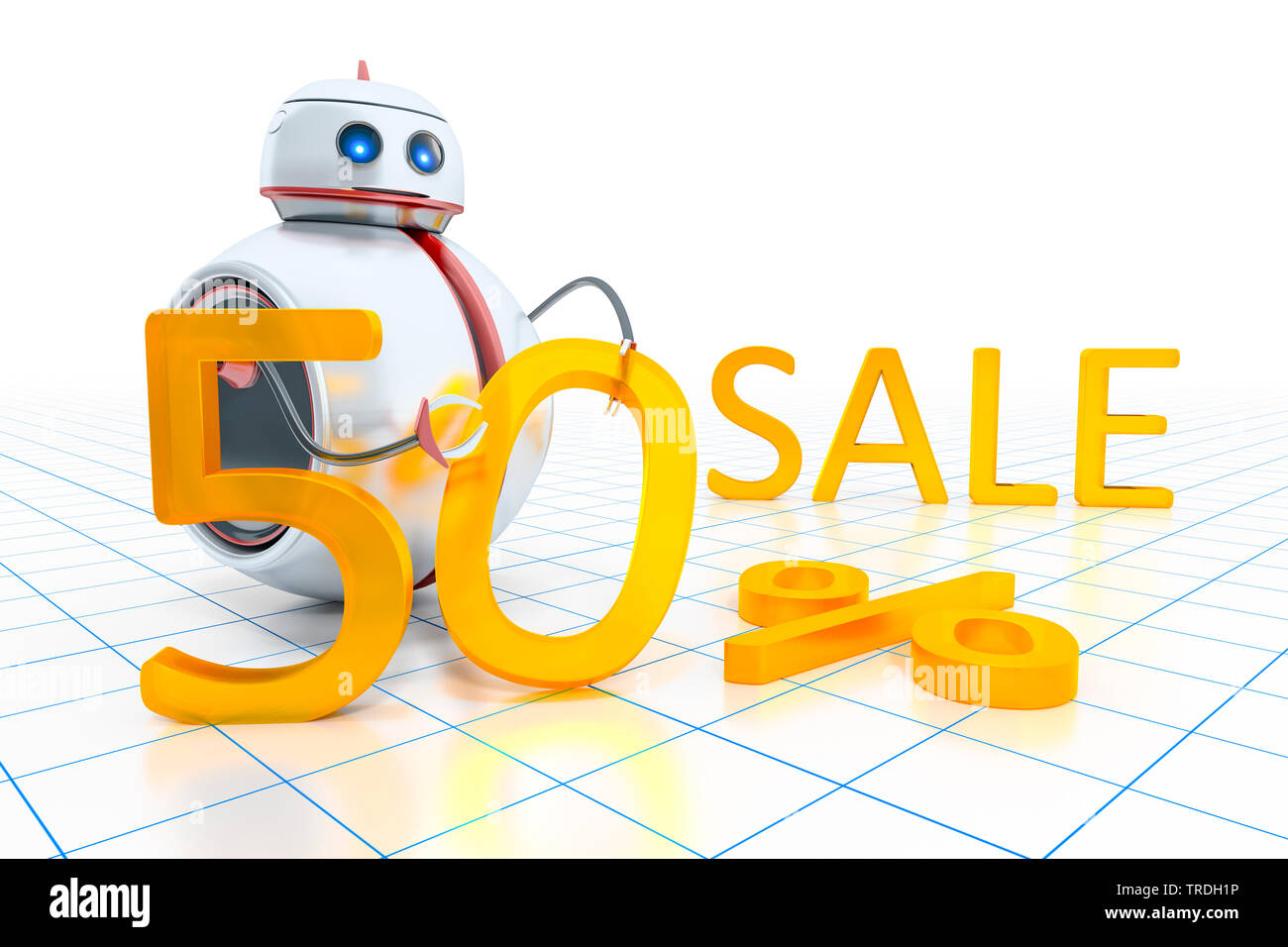 3D computer graphic, round cute robot in white color standing behind lettering 50% SALE Stock Photo