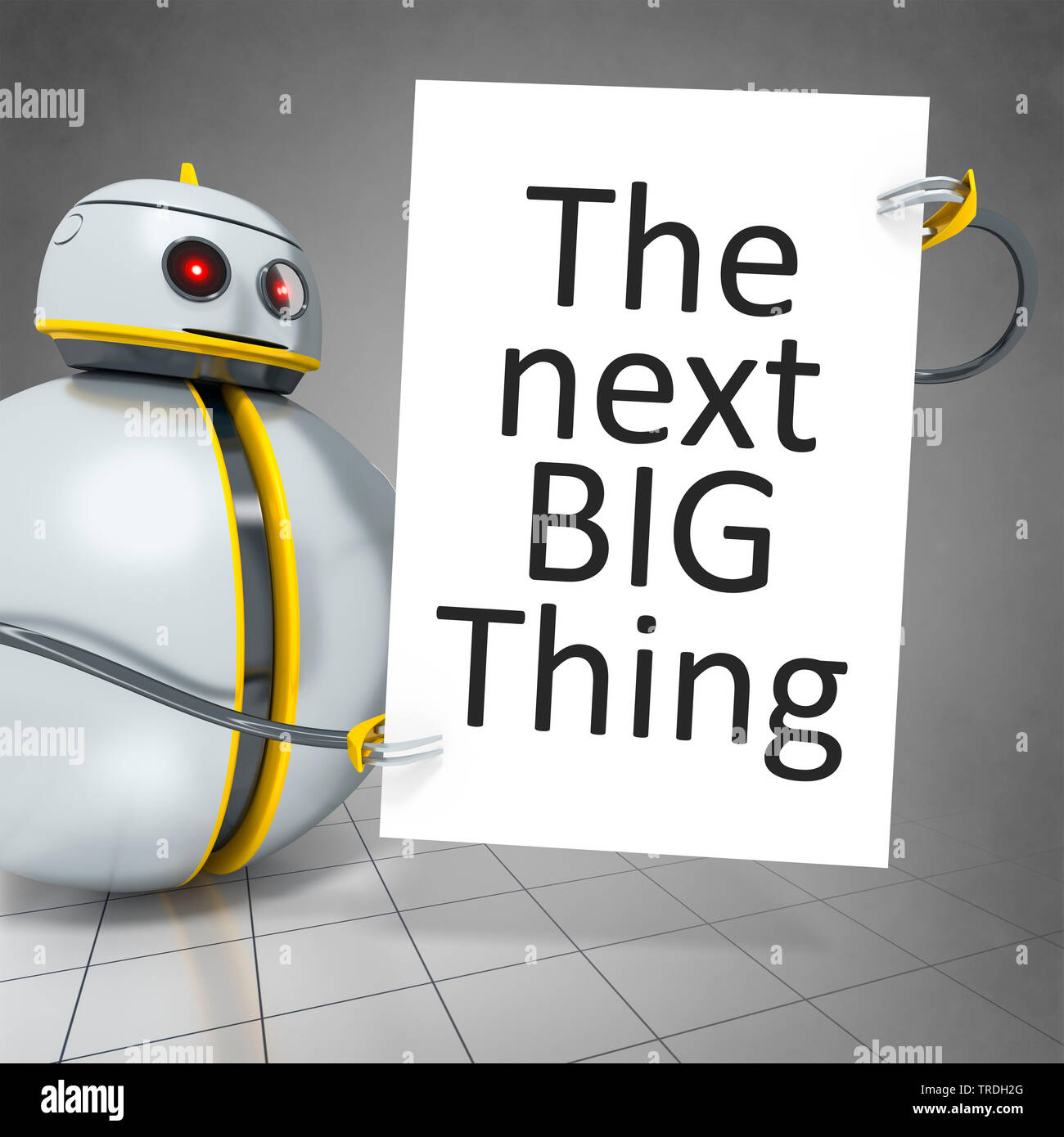 3D computer graphic, round cute robot holding a sign lettering THE NEXT BIG THING Stock Photo