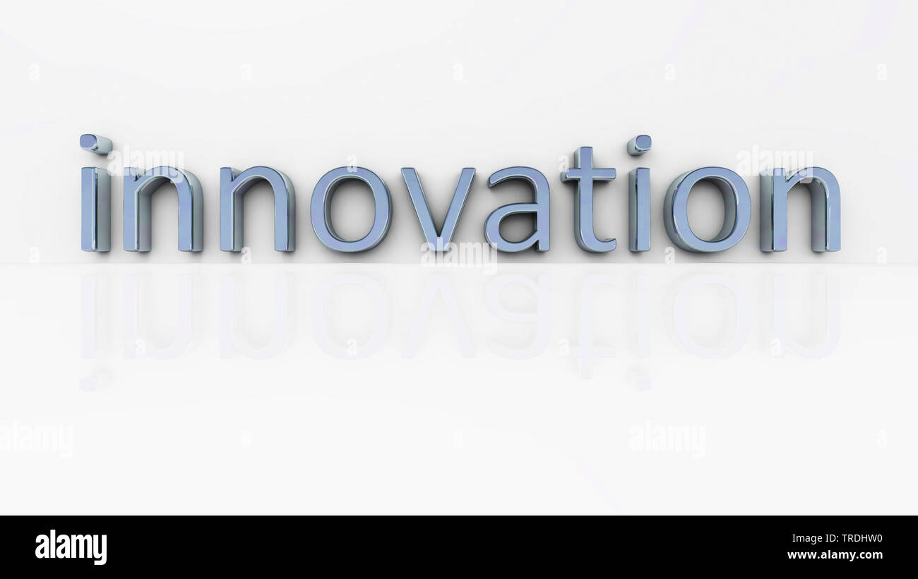 3D computer graphic, illustration of the word INNOVATION in grey color against white background Stock Photo