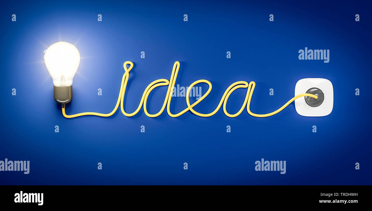 3D computer graphic, word IDEA shaped out of the power cable of a light bulb Stock Photo