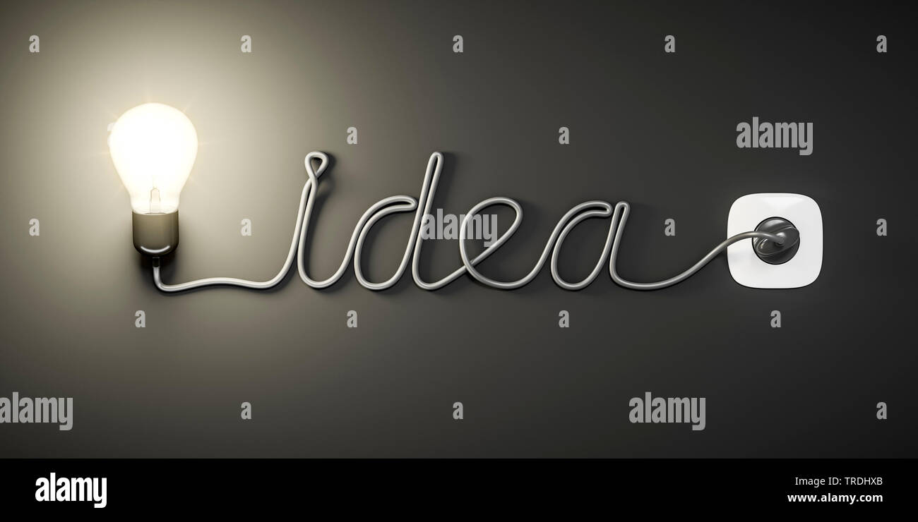 3D computer graphic, word IDEA shaped out of the power cable of a light bulb Stock Photo