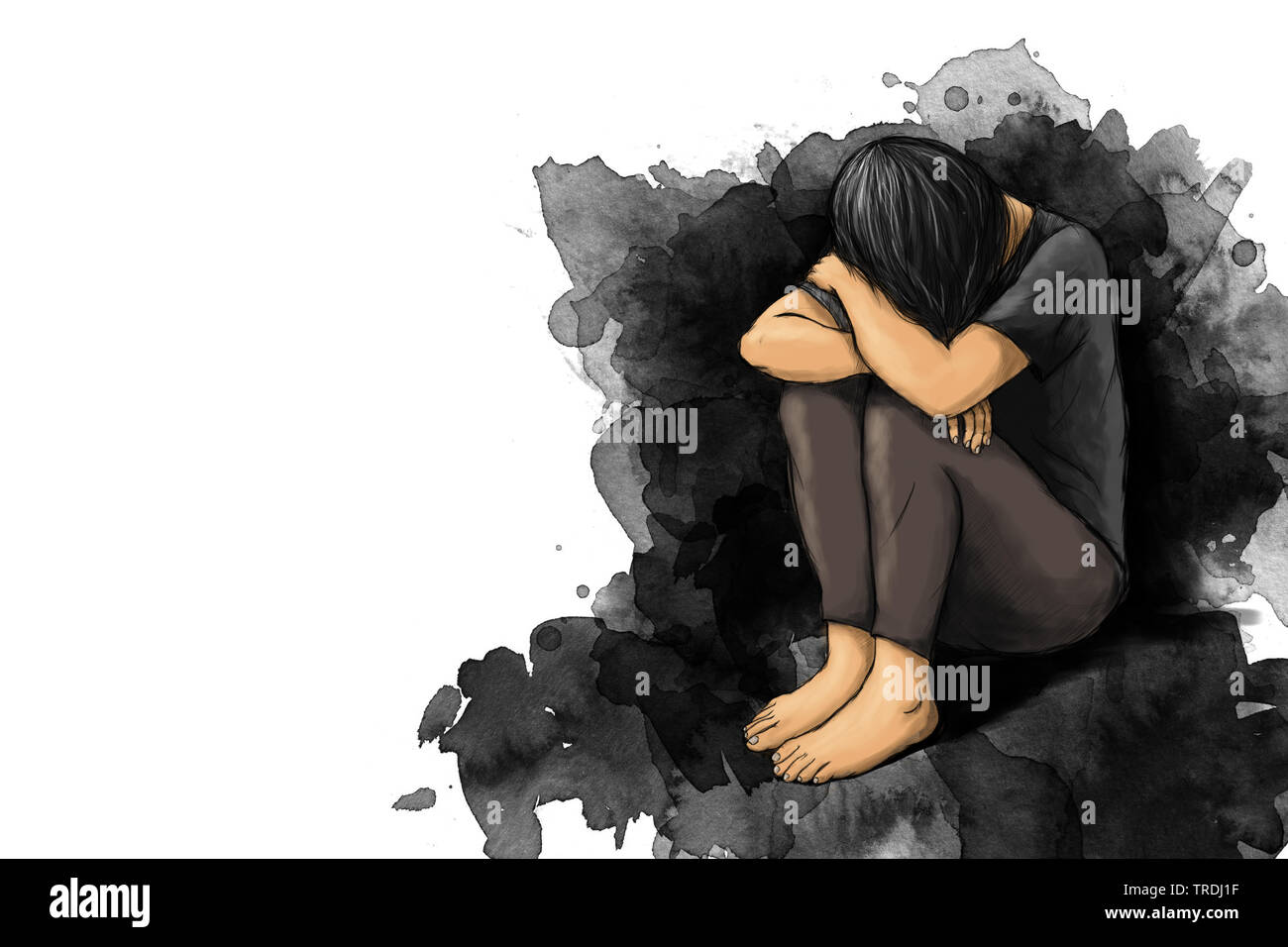 illustration of sad woman hug her knee and cry with copy space Stock Photo