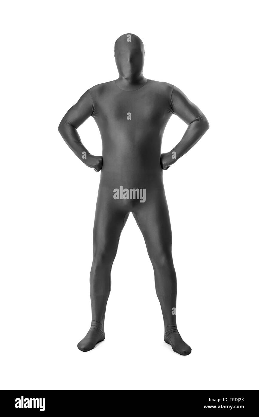 man in black morphsuit on white background Stock Photo