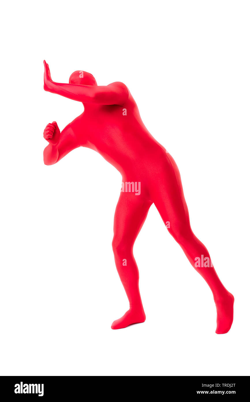 man in red morphsuit on white background Stock Photo