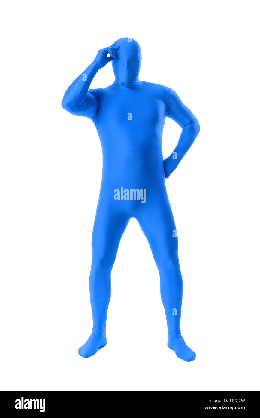 man in blue morphsuit on white background Stock Photo