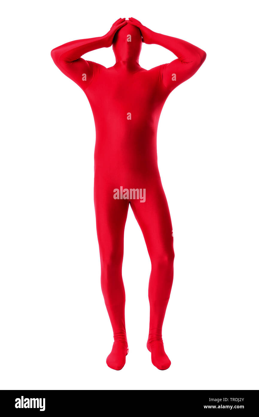 man in red morphsuit on white background Stock Photo
