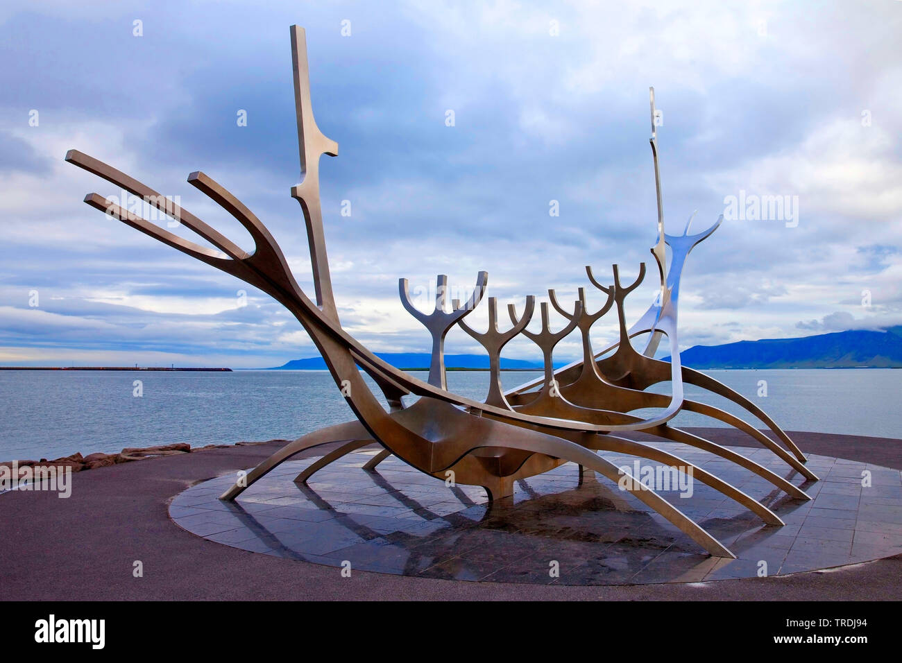 Solfar sculpture, stainless steel Viking ship, Iceland, Reykjavik Stock