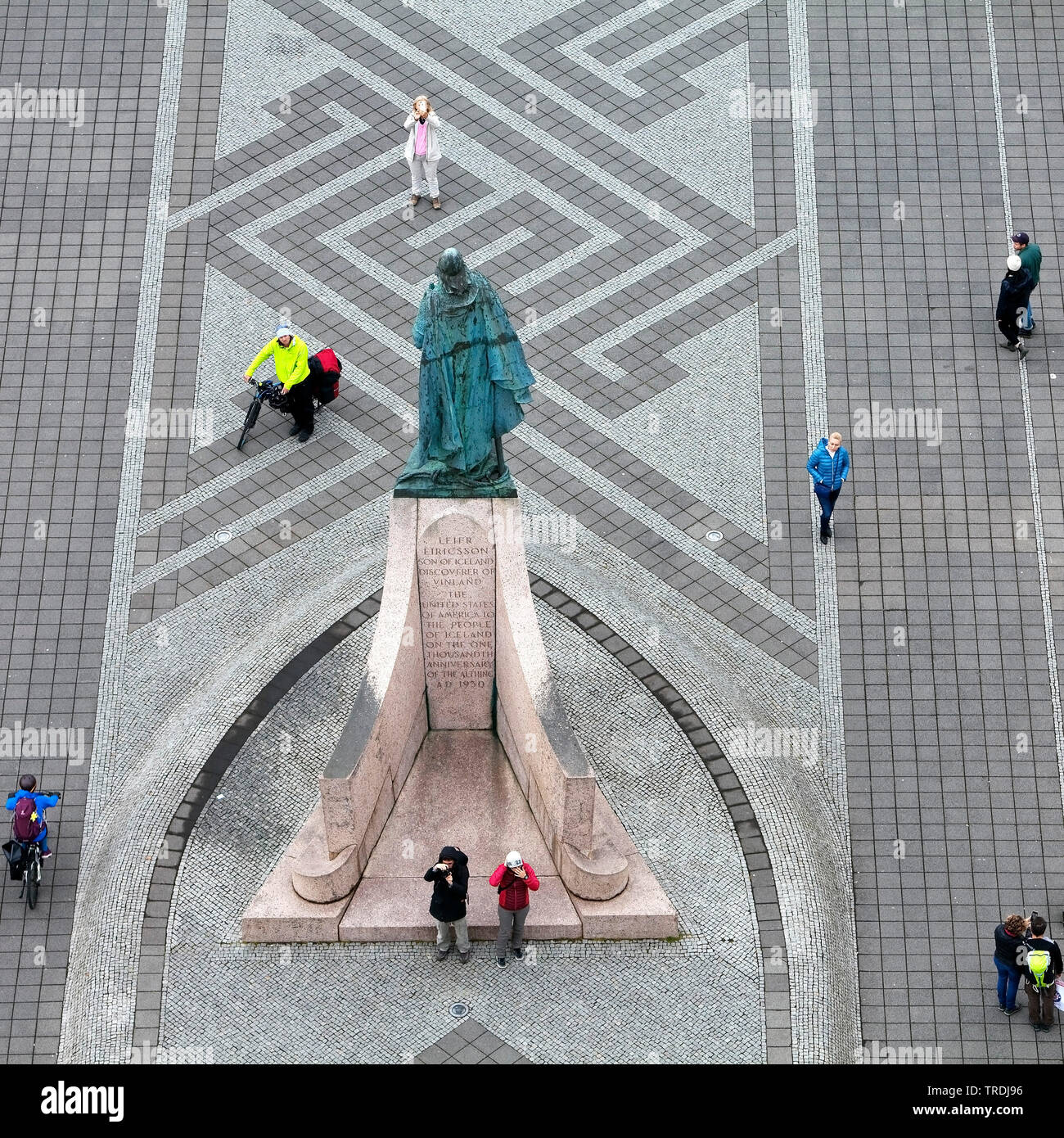 tourists and the statue of Leif Erikson from above, Iceland, Reykjavik Stock Photo