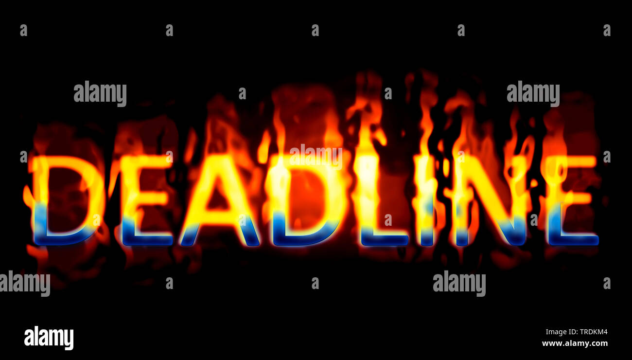 3D computer graphic, illustration of the word DEADLINE out of burning letters against black background Stock Photo