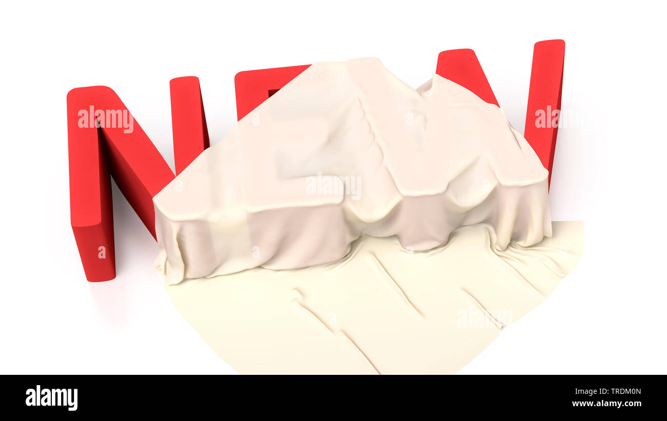 3D computer graphic, illustration of the word NEW in red letters, covered by a rag Stock Photo