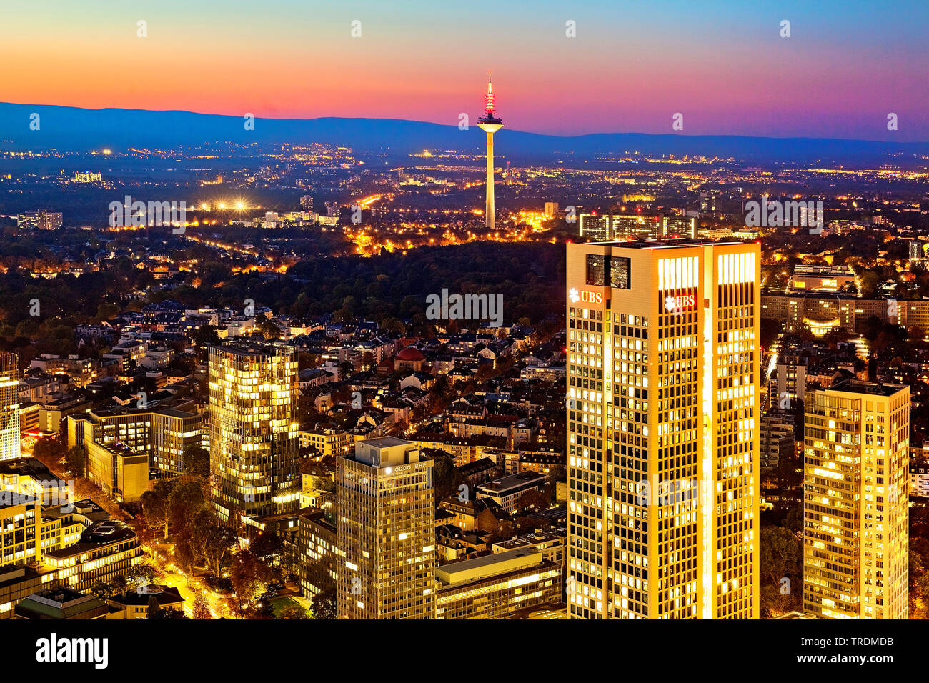 view from Main Tower to the television tower in the evening, Germany, Hesse, Frankfurt am Main Stock Photo