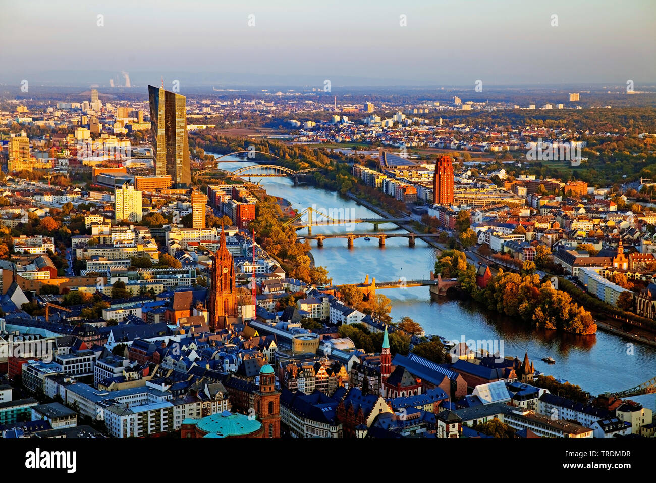 view from Maintower to European Central Bank, Main and Main Island , Germany, Hesse, Frankfurt am Main Stock Photo