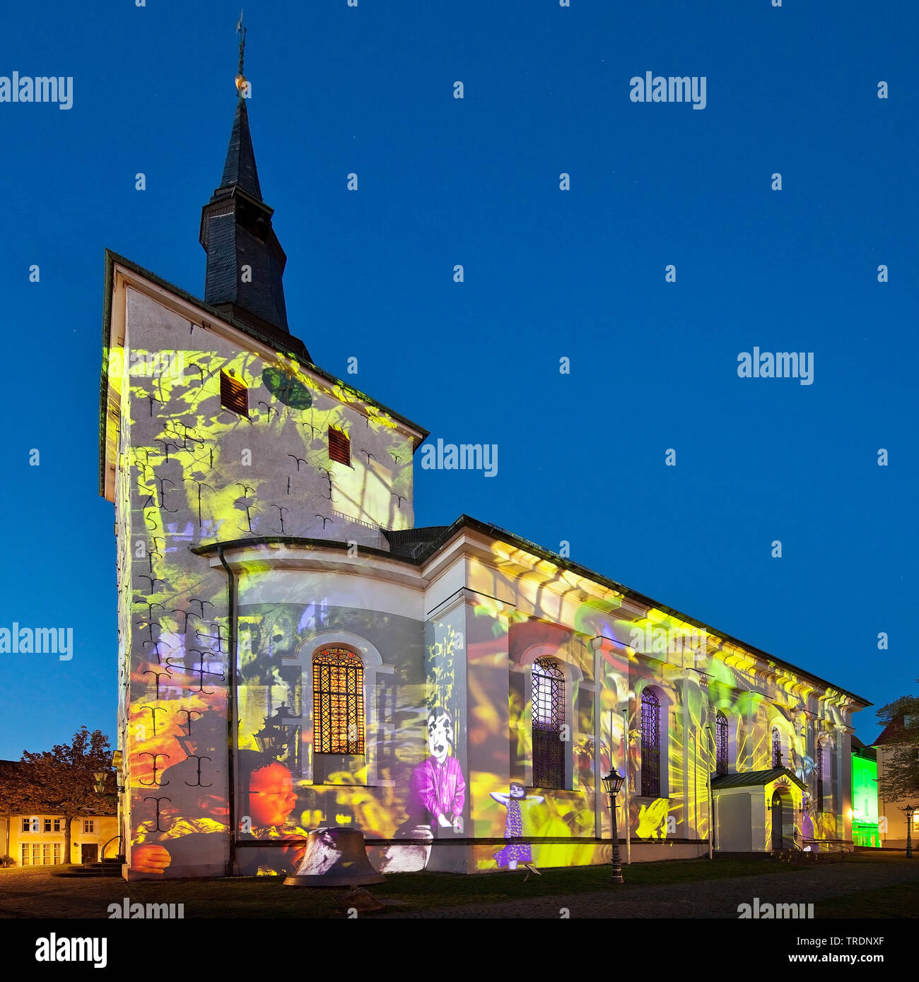 light art on the Church of the Redeemer in the evening, Lichtrouten 2018, Germany, North Rhine-Westphalia, Sauerland, Luedenscheid Stock Photo