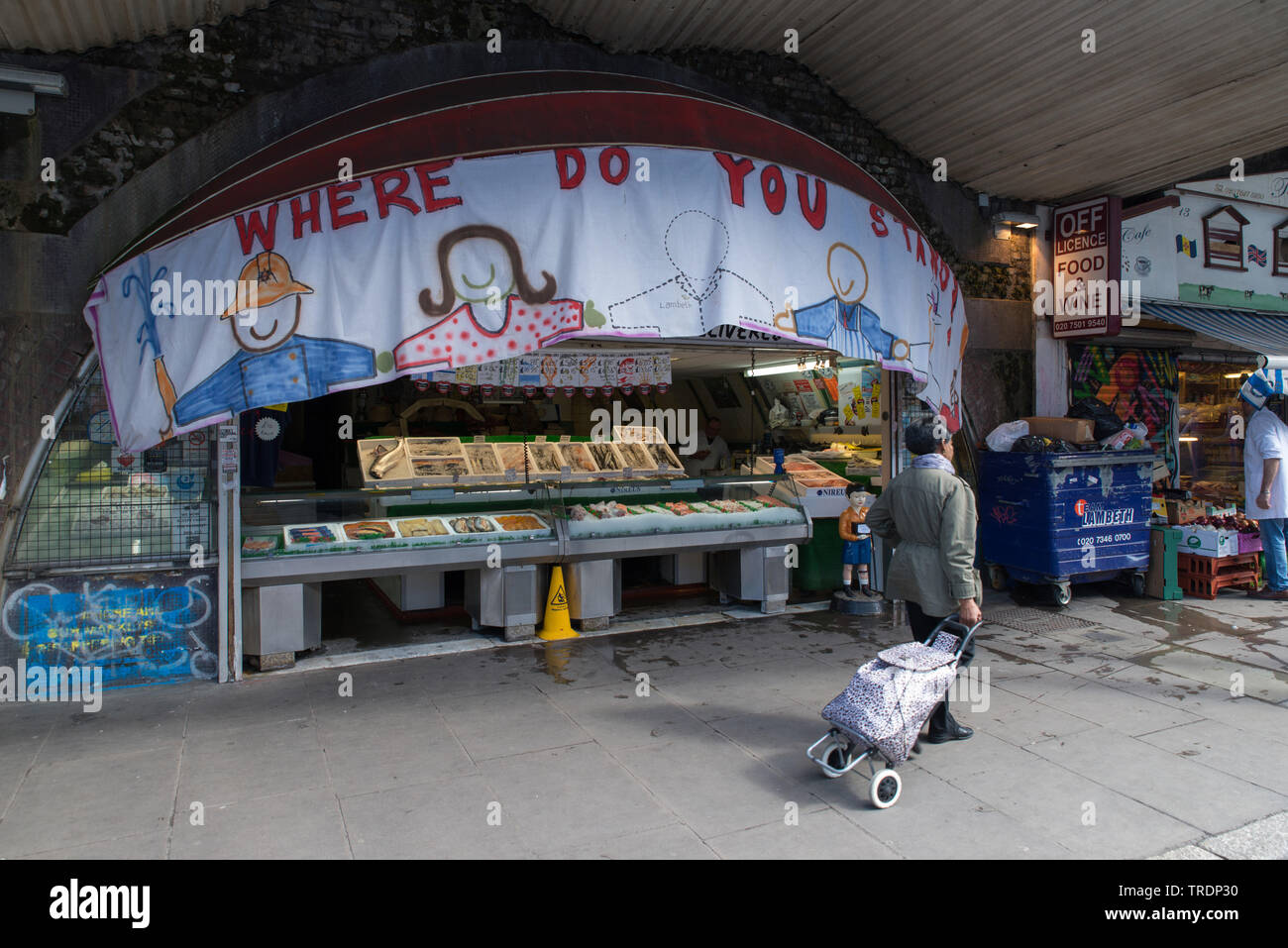 Shops under the railway tracks which are threatened with closure by Network Rail, Brixton, London. Stock Photo