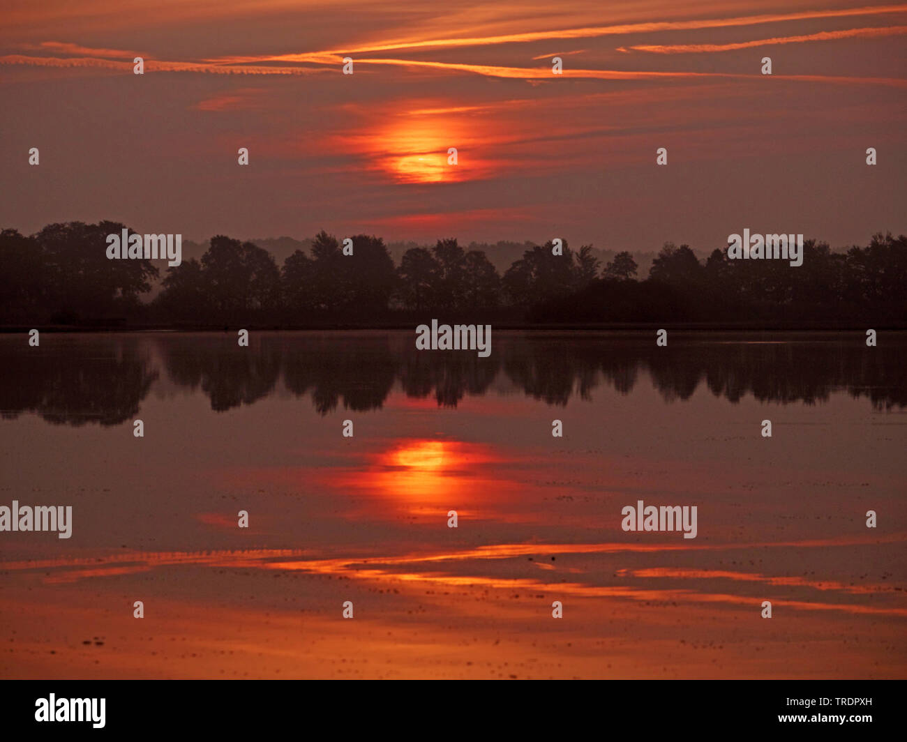 sunrise over a lake in Lusatia, Germany, Oberlausitz, Upper Spree Stock Photo