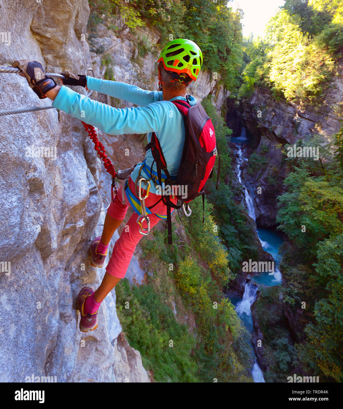 climber on a rock face in a canyon, France, Savoie, Saint Gervais Stock Photo