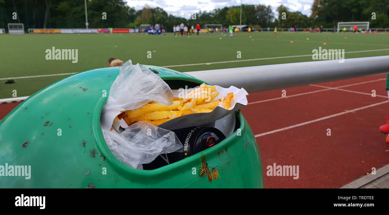 full trashcan with french fries on a soccer pitch Stock Photo